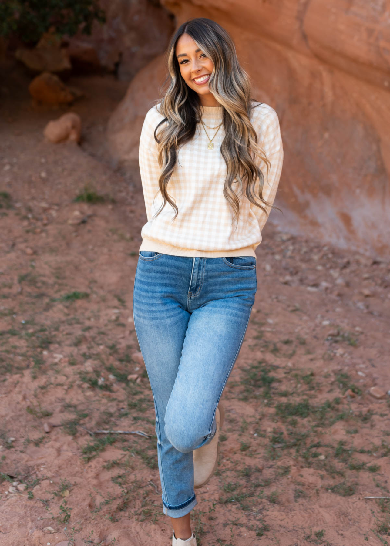 Checkered long sleeve ivory sweater