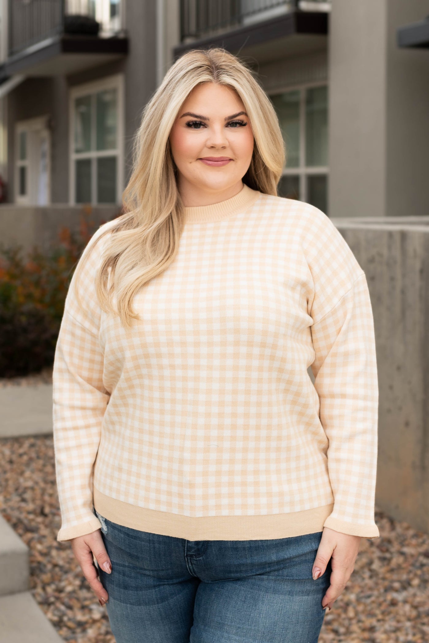 Long sleeve plus size ivory sweater with checkered pattern