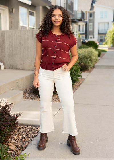Burgundy stripe sweater that buttons up without sleeves