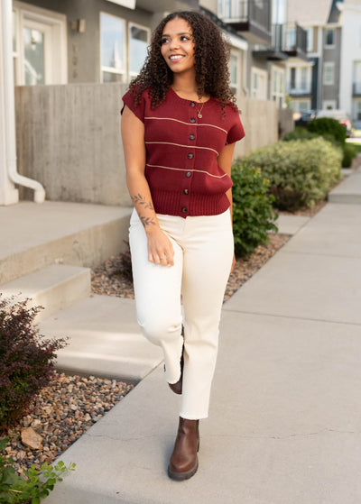 Sleeveless drop sleeves burgundy stripe sweater