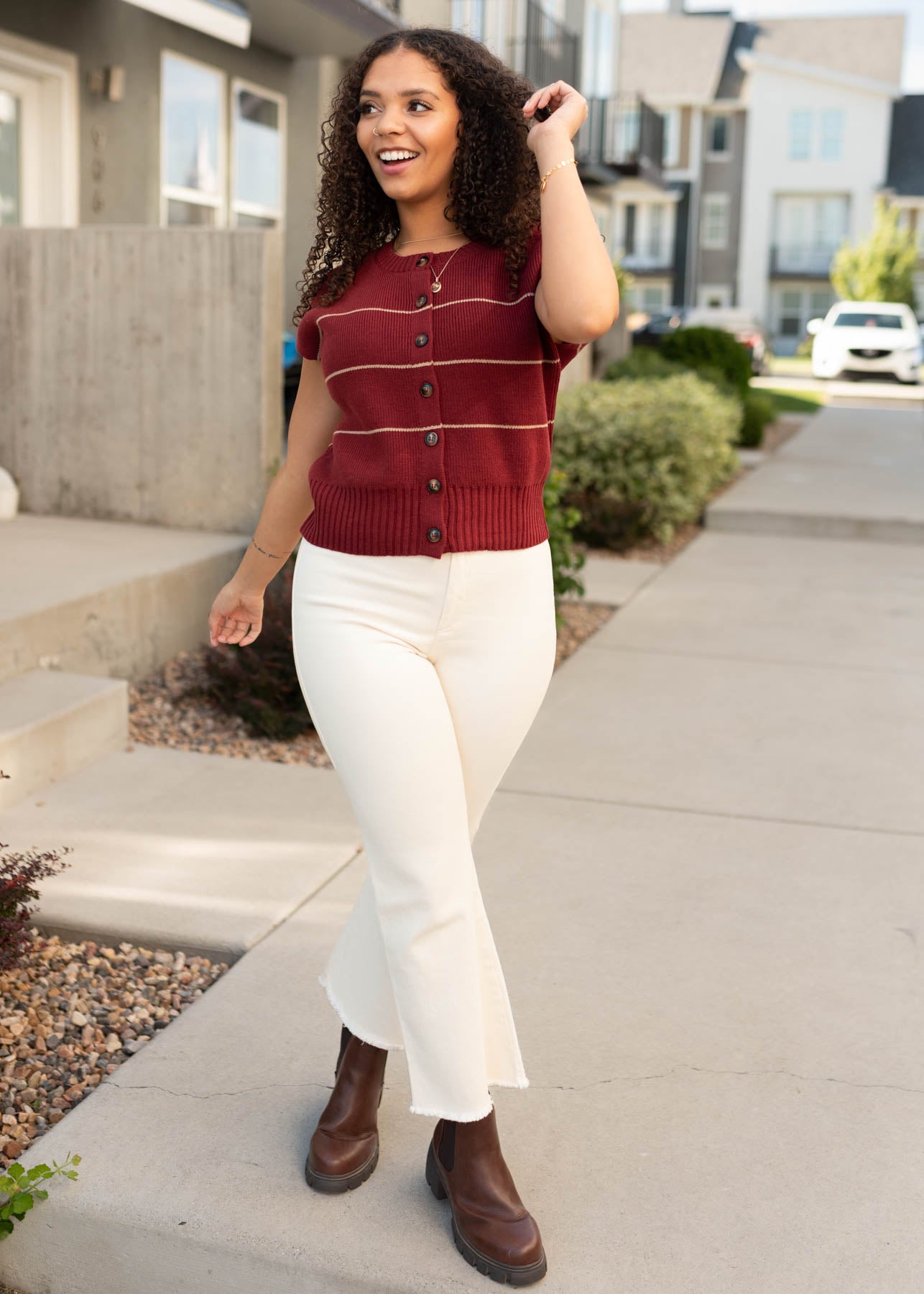 Sleeveless modest burgundy stripe sweater with cream stripes
