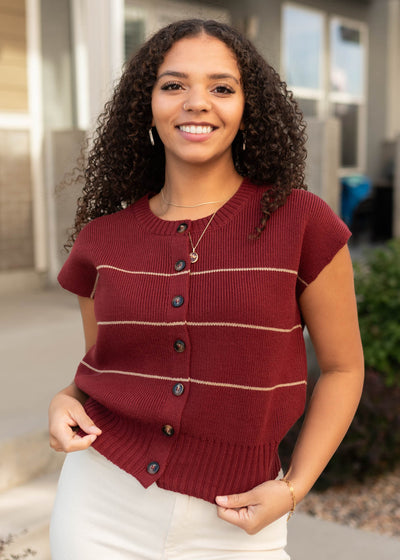 Modest button up burgundy stripe sweater