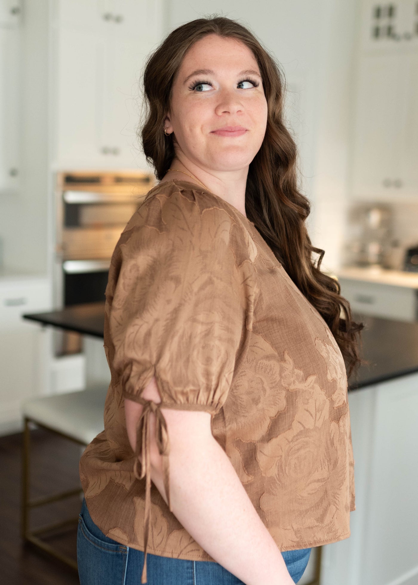 Plus size side view brown floral top by Lena & Lou