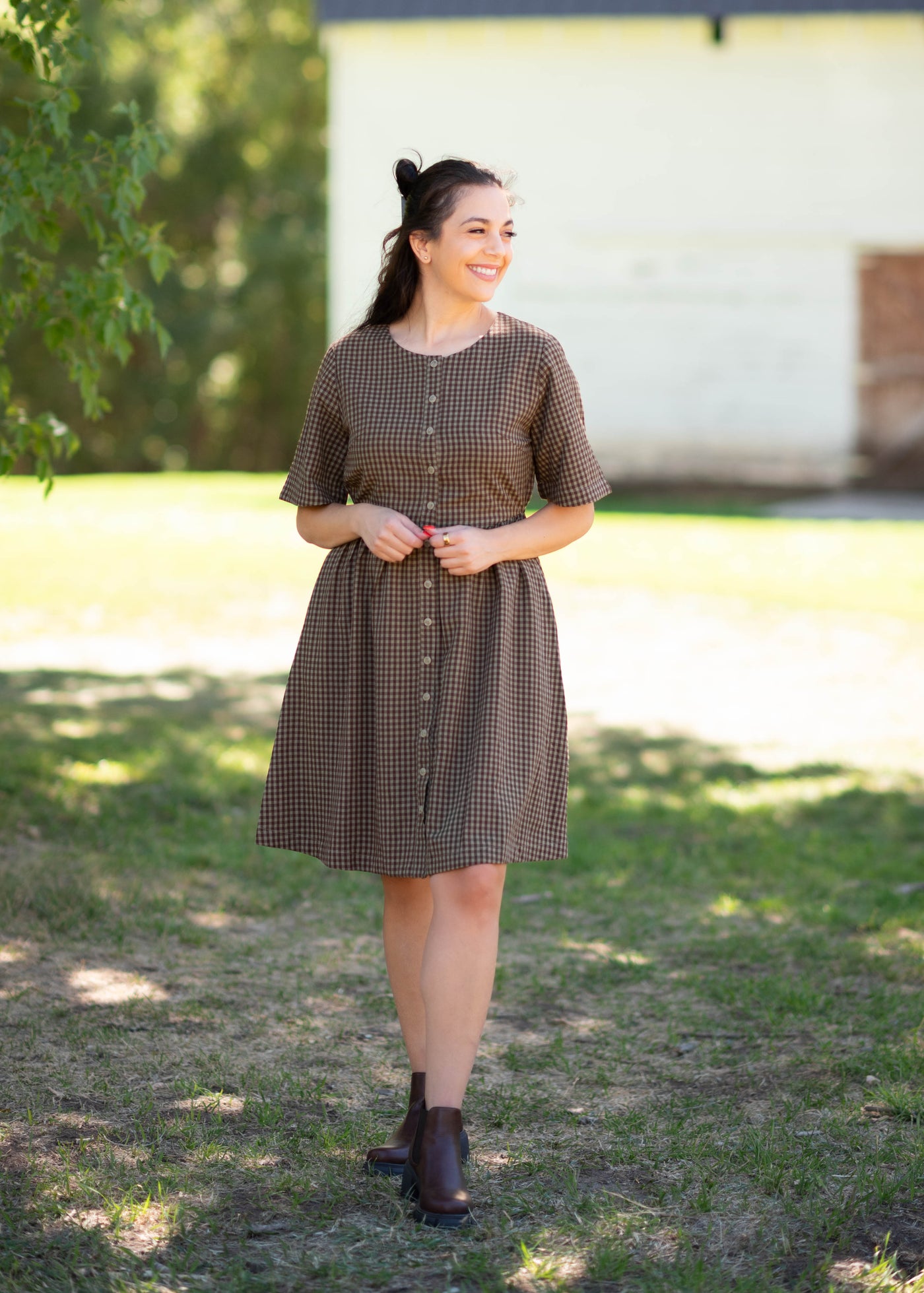 brown lawn dress Noah & Dark Brown Gingham Button Up Mini Pintuck pleats trail down By Size_35-40 Mac Duggal FEATHER TRIM COLOR:Sage