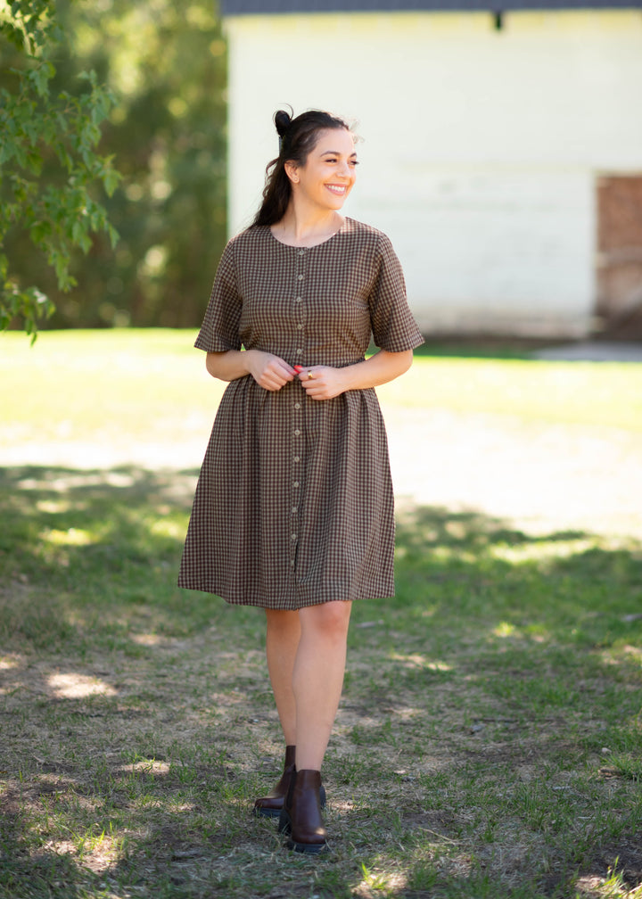 brown gingham dress with sleeves Noah & Dark Brown Button Up Mini Style that goes wherever JUNESALEBACKTOFP Girls Spring Dress, Girls Size:M (UK12)