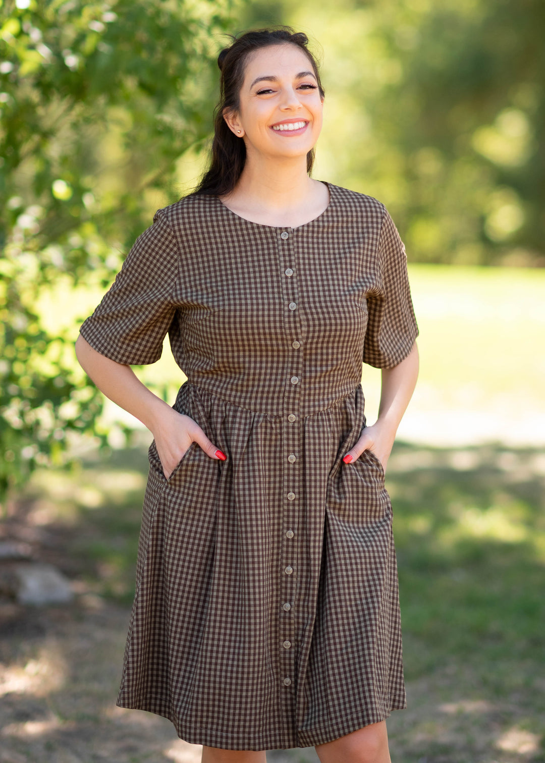brown gingham shirt dress Noah & Dark Brown Button Up Mini Size:42x32 tie waist belt and How To Style A category_strapless-dresses