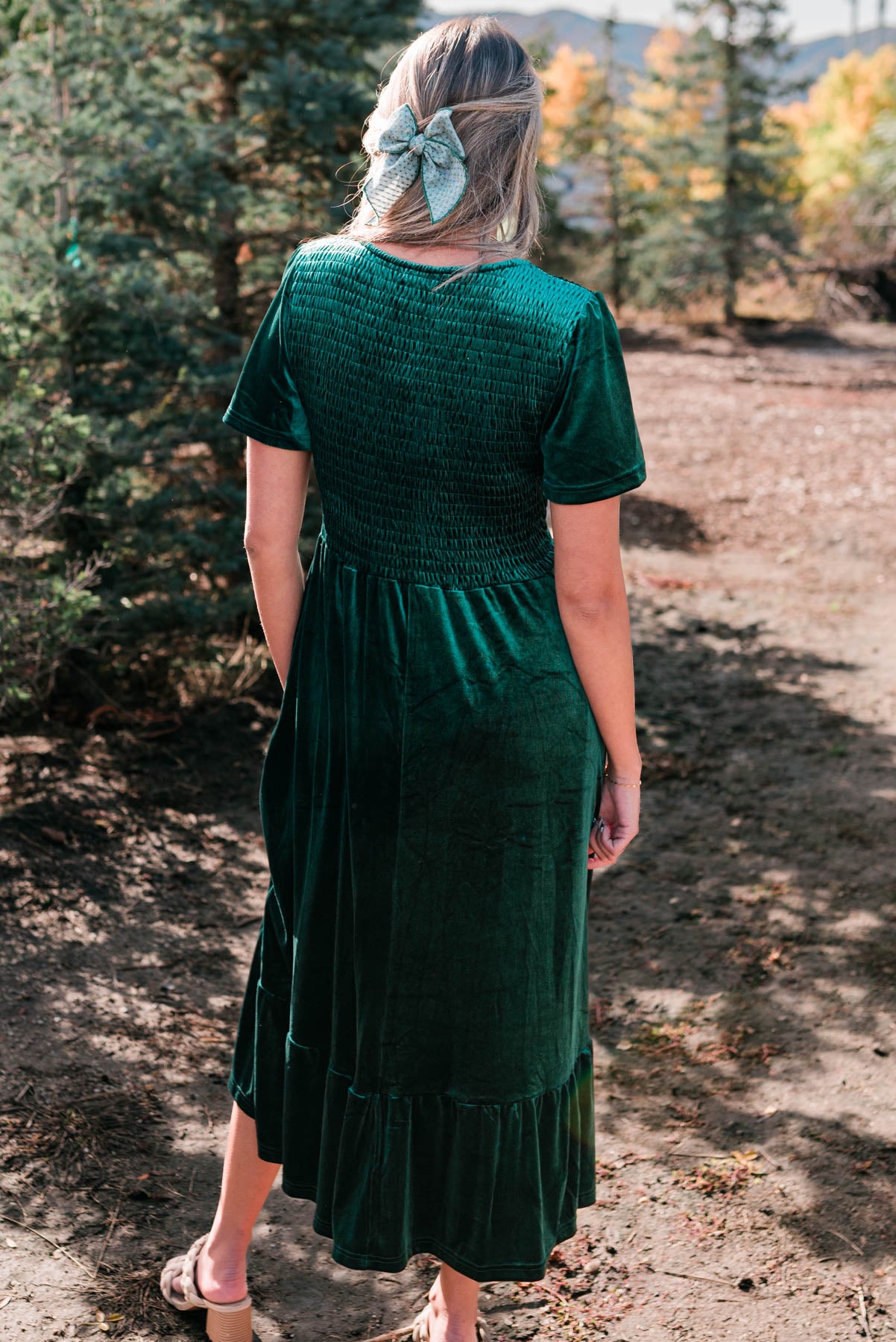 Back view of the short sleeve evergreen velvet maxi dress