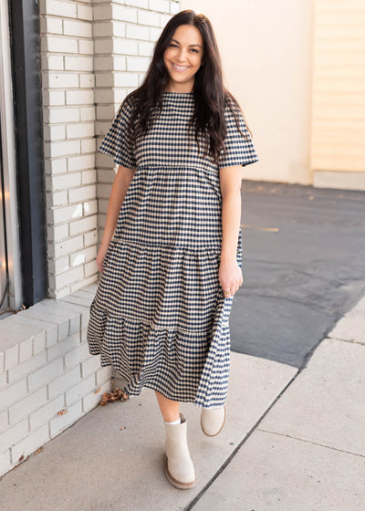 Nora Blue Gingham Tiered Dress