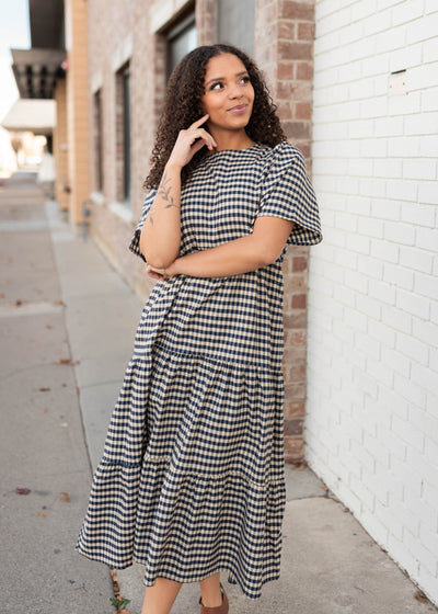 Nora Blue Gingham Tiered Dress