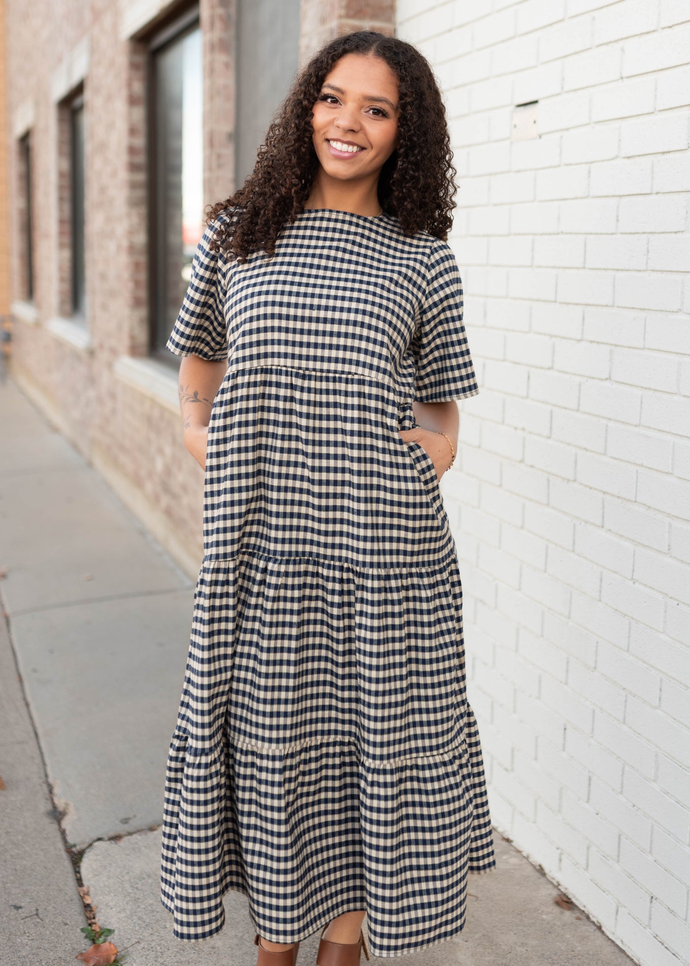 Nora Blue Gingham Tiered Dress