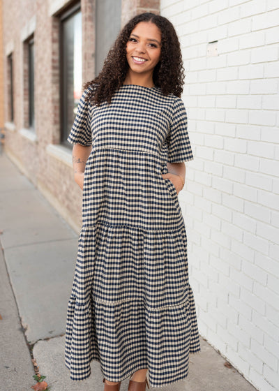 Nora Blue Gingham Tiered Dress