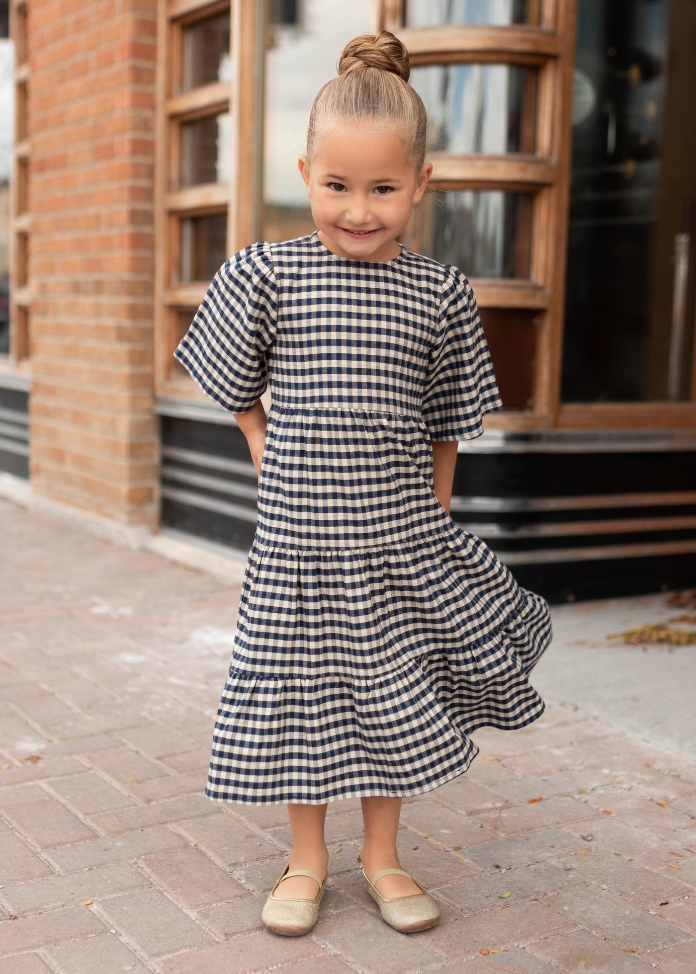 Nora Blue Gingham Tiered Little Girl Dress