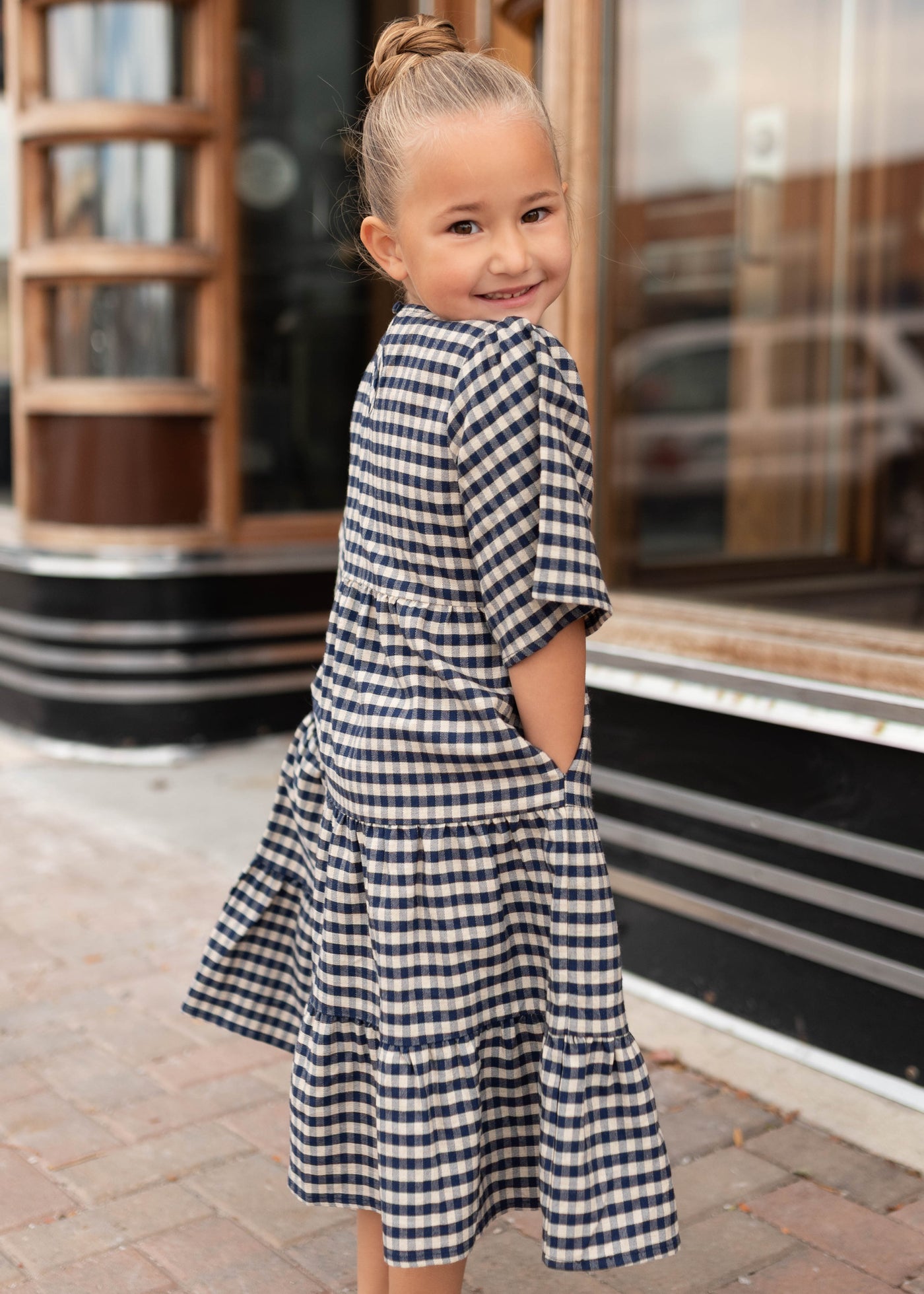 Nora Blue Gingham Tiered Little Girl Dress