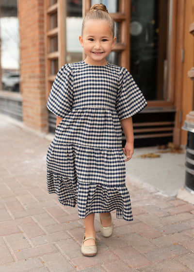 Nora Blue Gingham Tiered Little Girl Dress