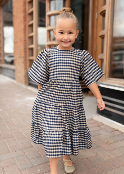 Nora Blue Gingham Tiered Little Girl Dress