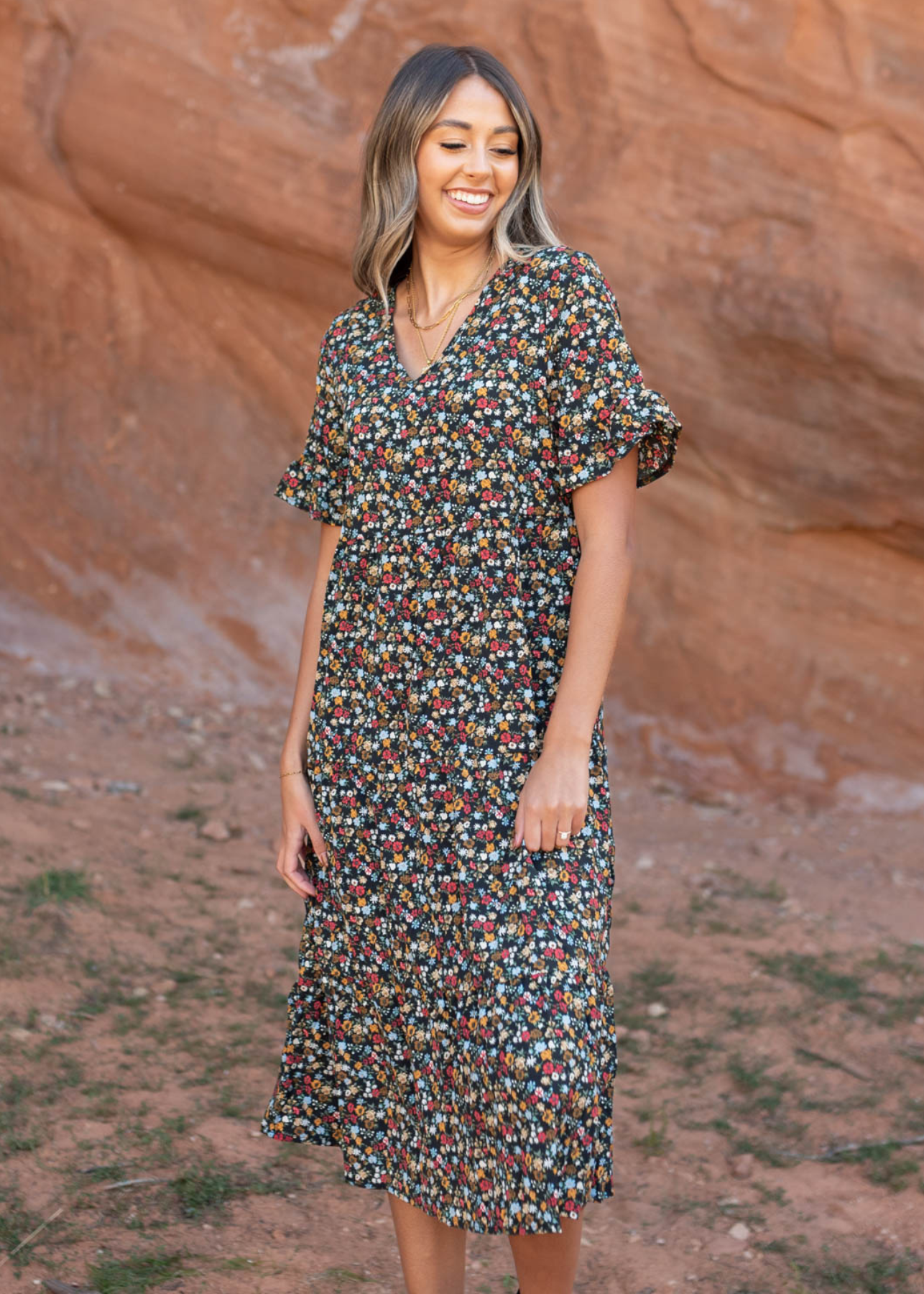 Black floral dress with a v-neck