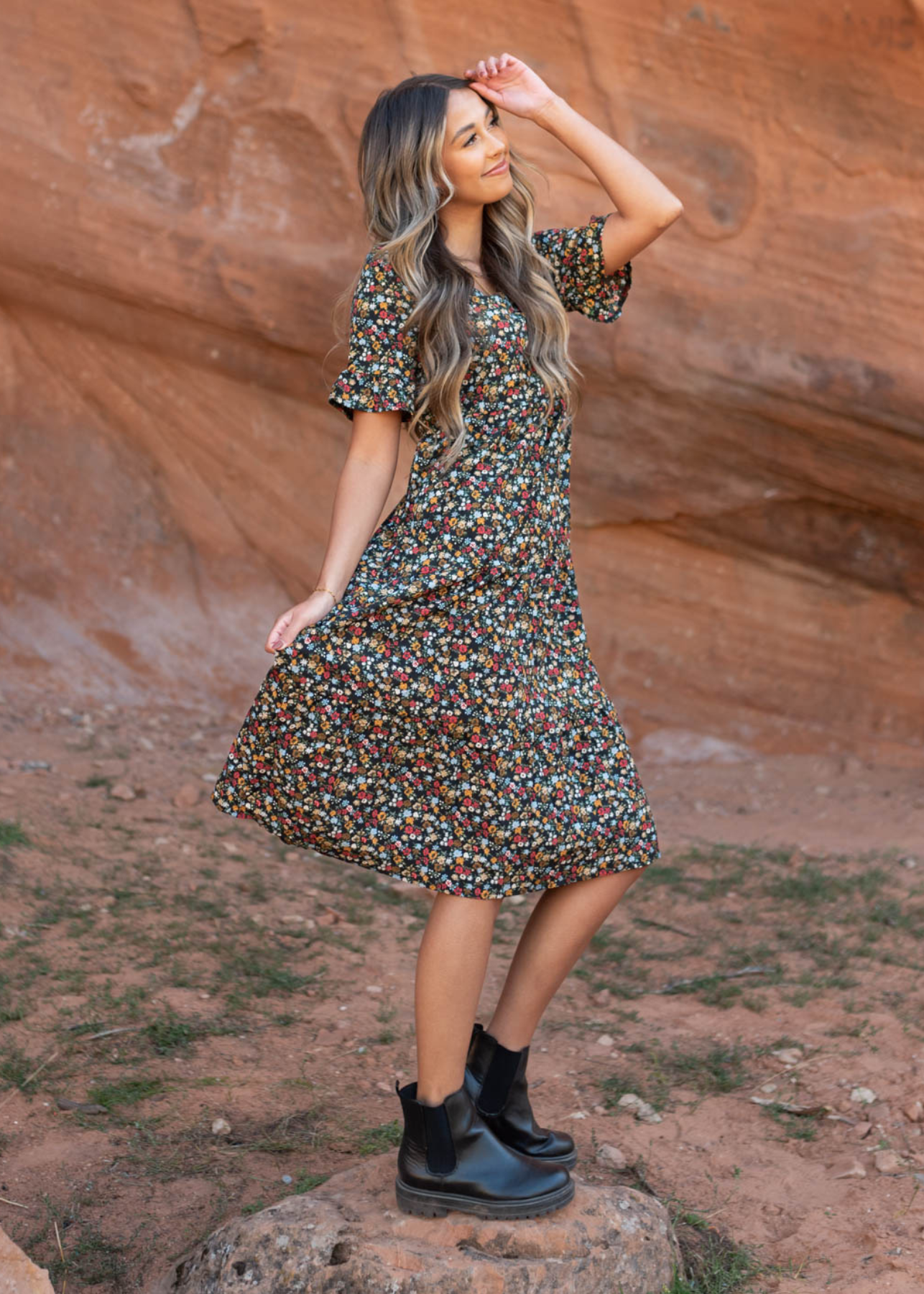 Knee length short sleeve black floral dress
