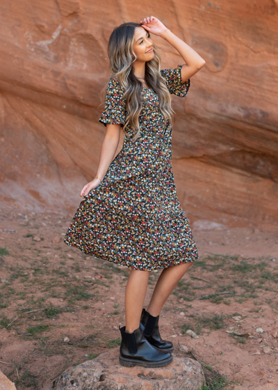 Knee length short sleeve black floral dress