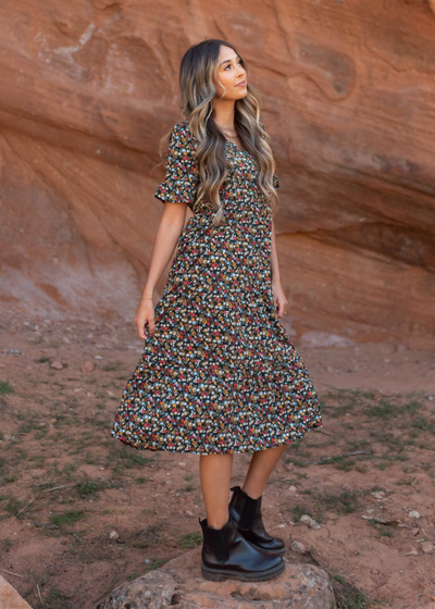 Side view of a black floral dress