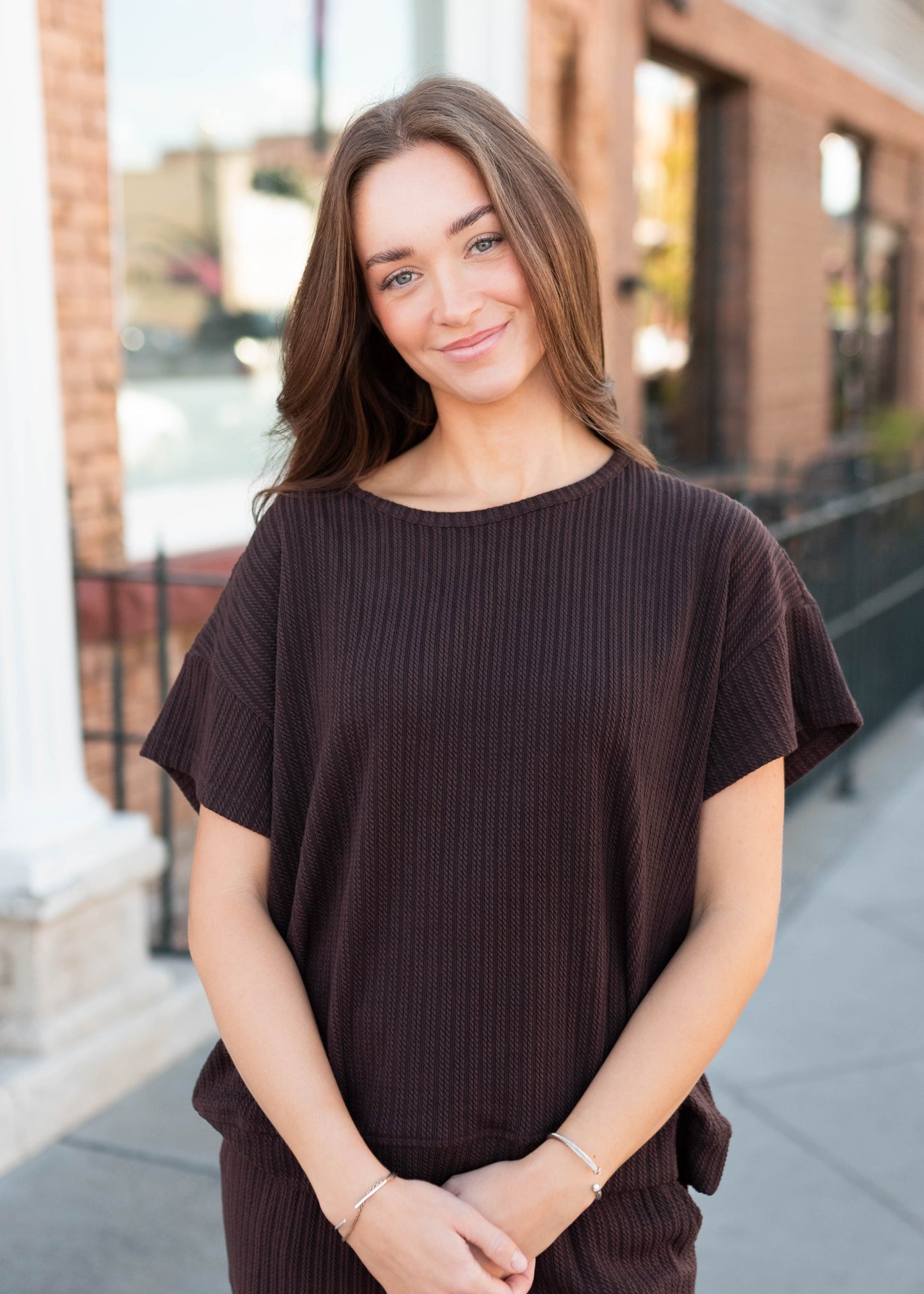 Dark brown top with short sleeves