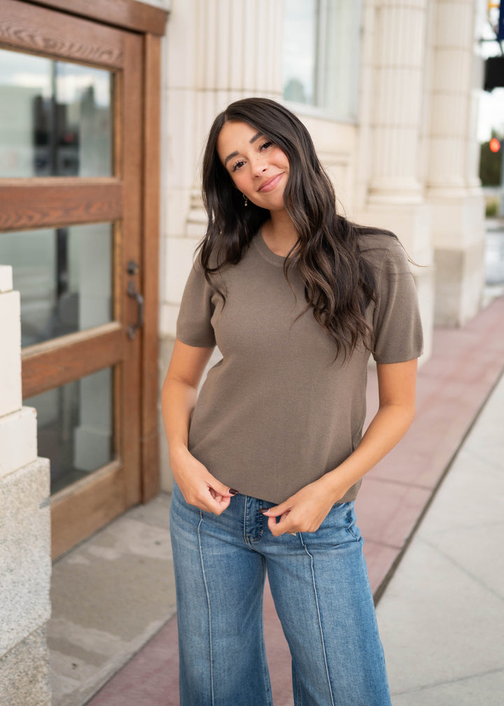 Oaklynn Dusty Olive Short Sleeve Sweater Top | Lena Layne