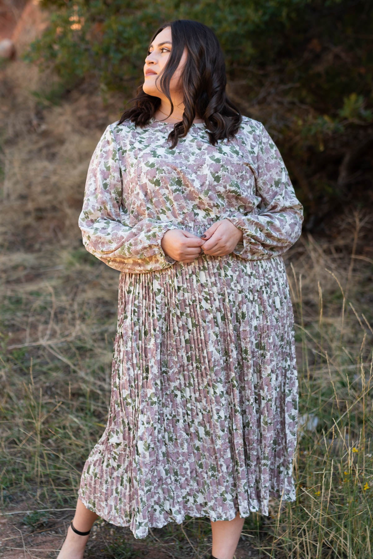 Long sleeve plus size mauve floral dress with pleated skirt