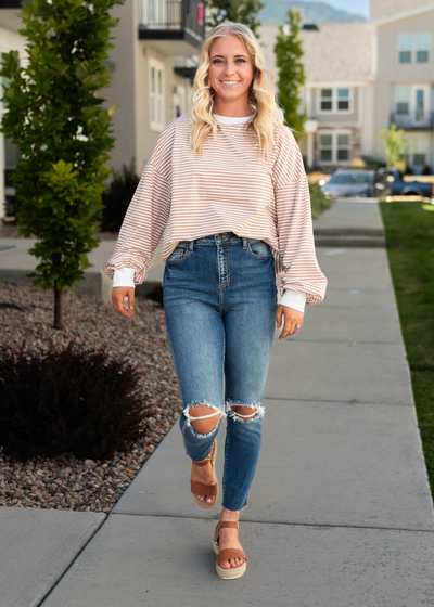 Dark denim high rise distressed jeans