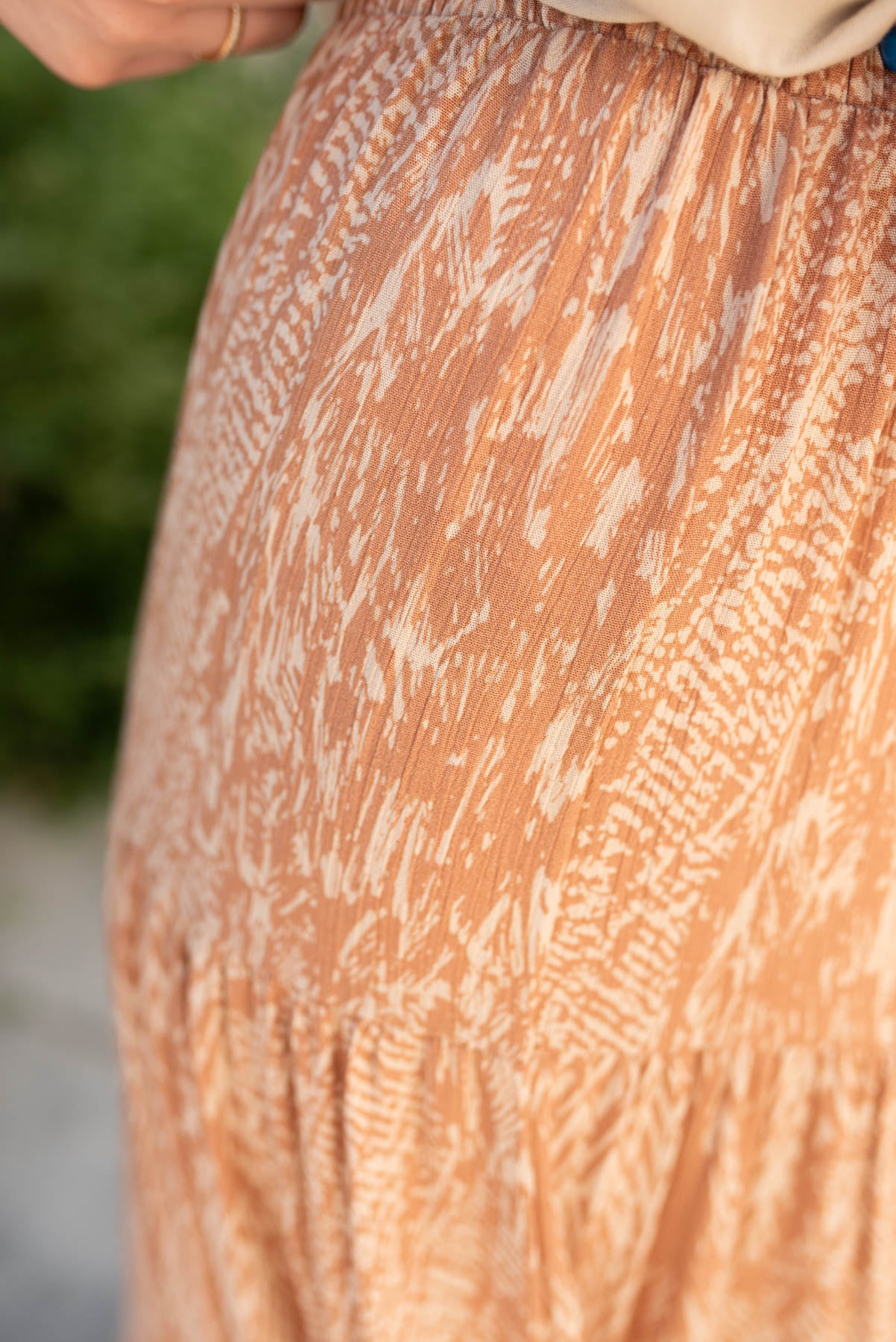 Close up of the fabric on the terracotta pattern skirt