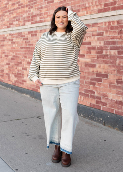 Plus size olive striped sweatshirt with long sleeves