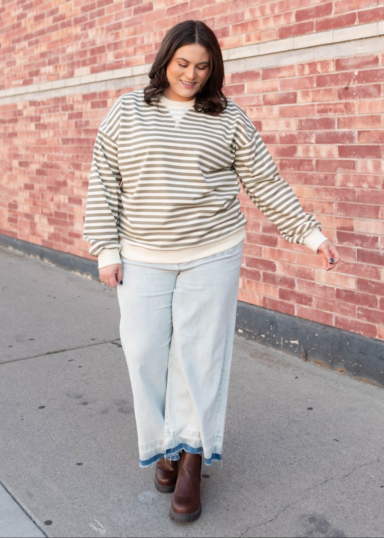 Plus Size long sleeve olive striped sweatshirt sold at Lena Layne