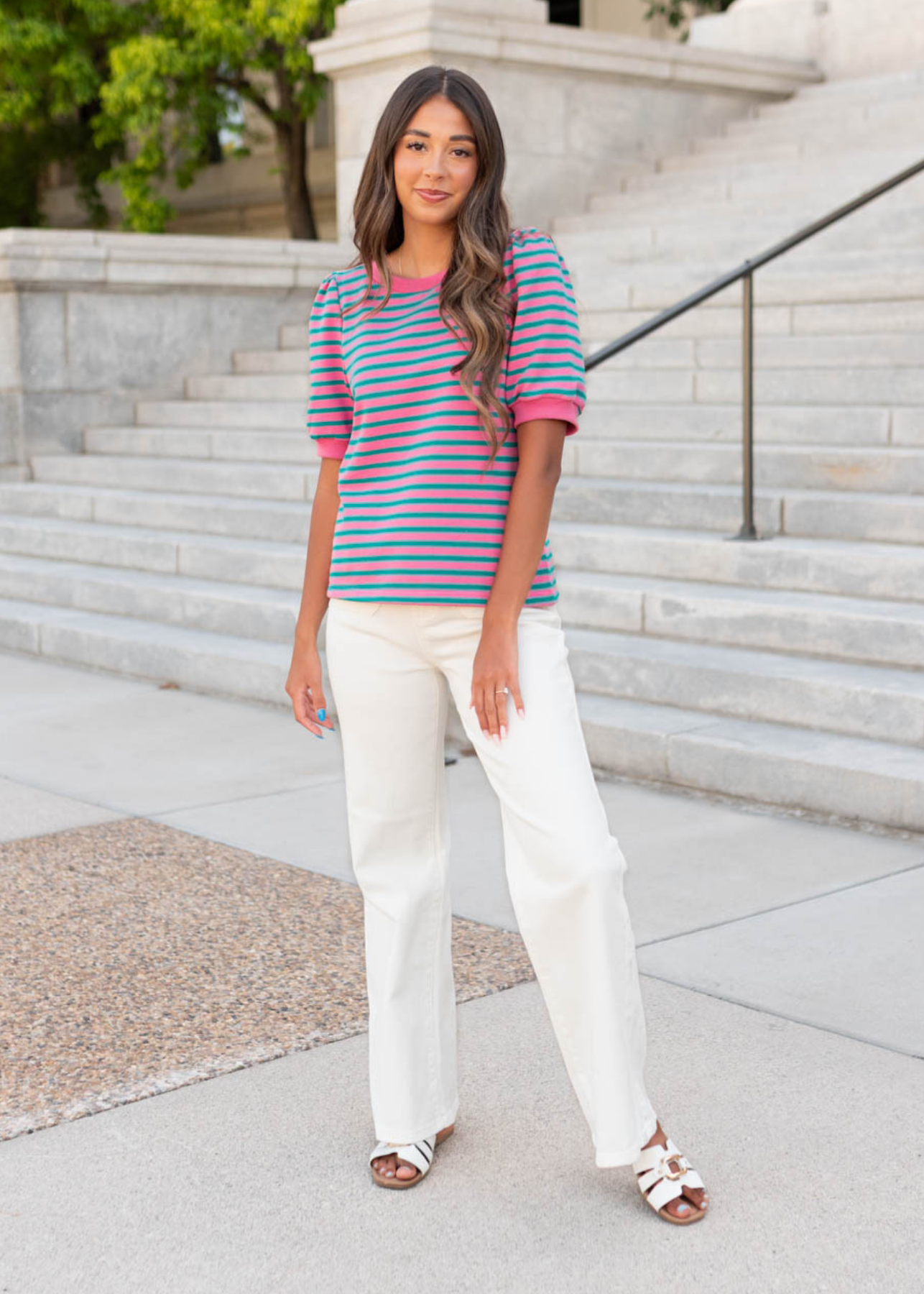 Pink and teal striped top with pink cuff and neck