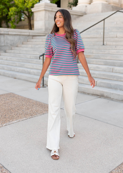 PInk and teal striped top with short sleeves