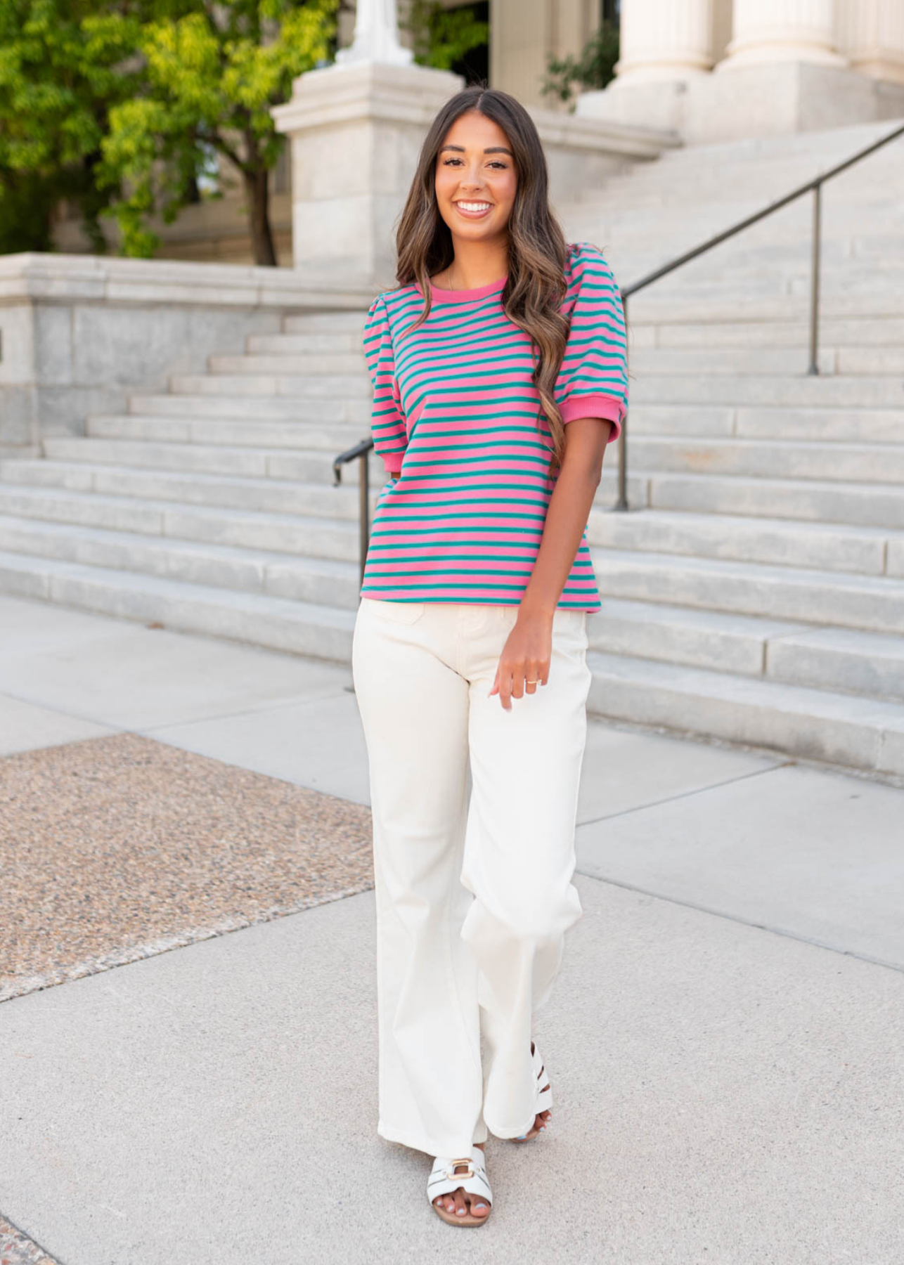Short sleeve pink and teal striped top