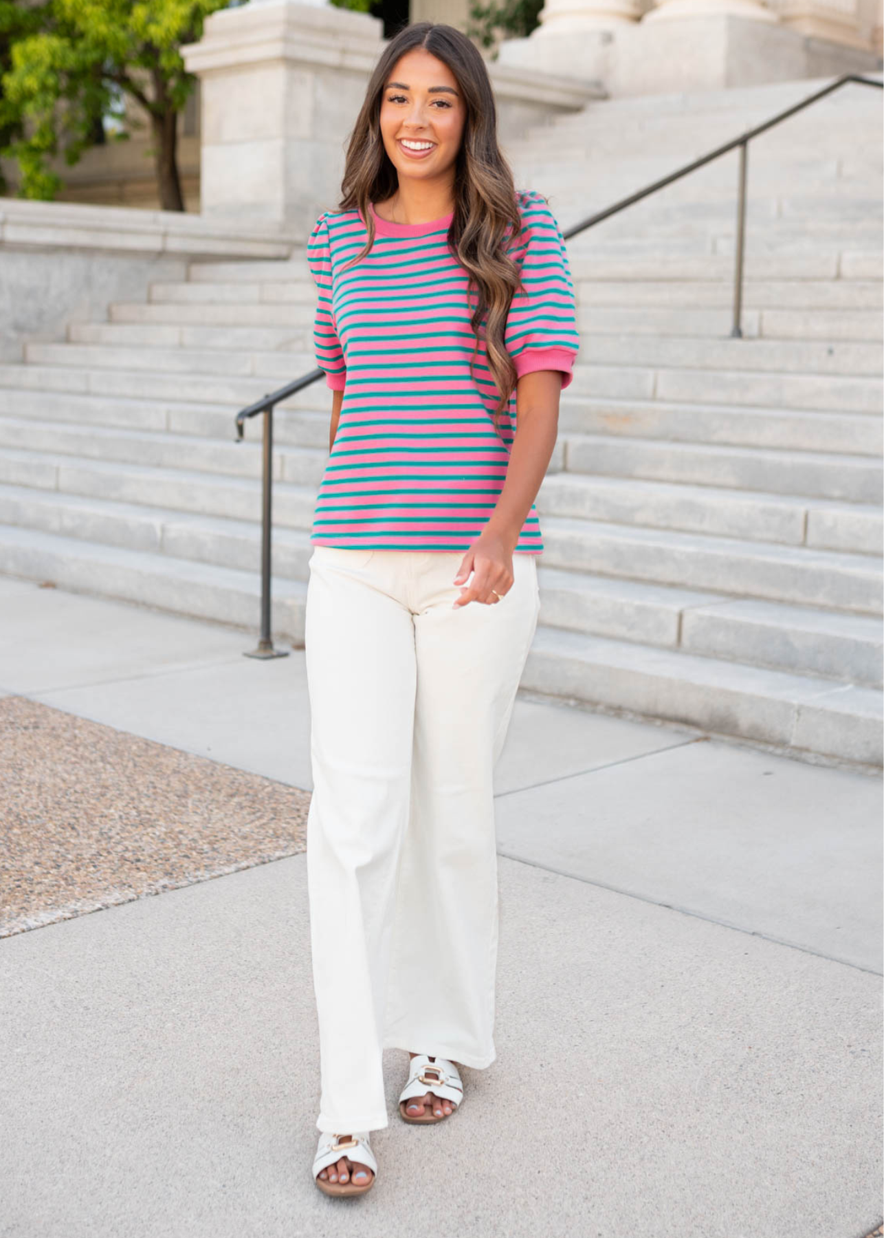 Pink and teal striped top