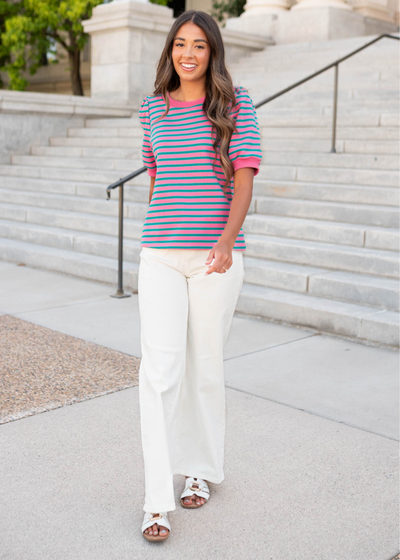 Pink and teal striped top