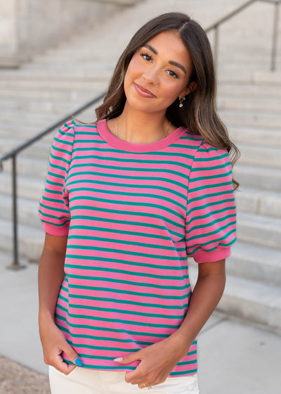 Pink and teal striped top with puff sleeves