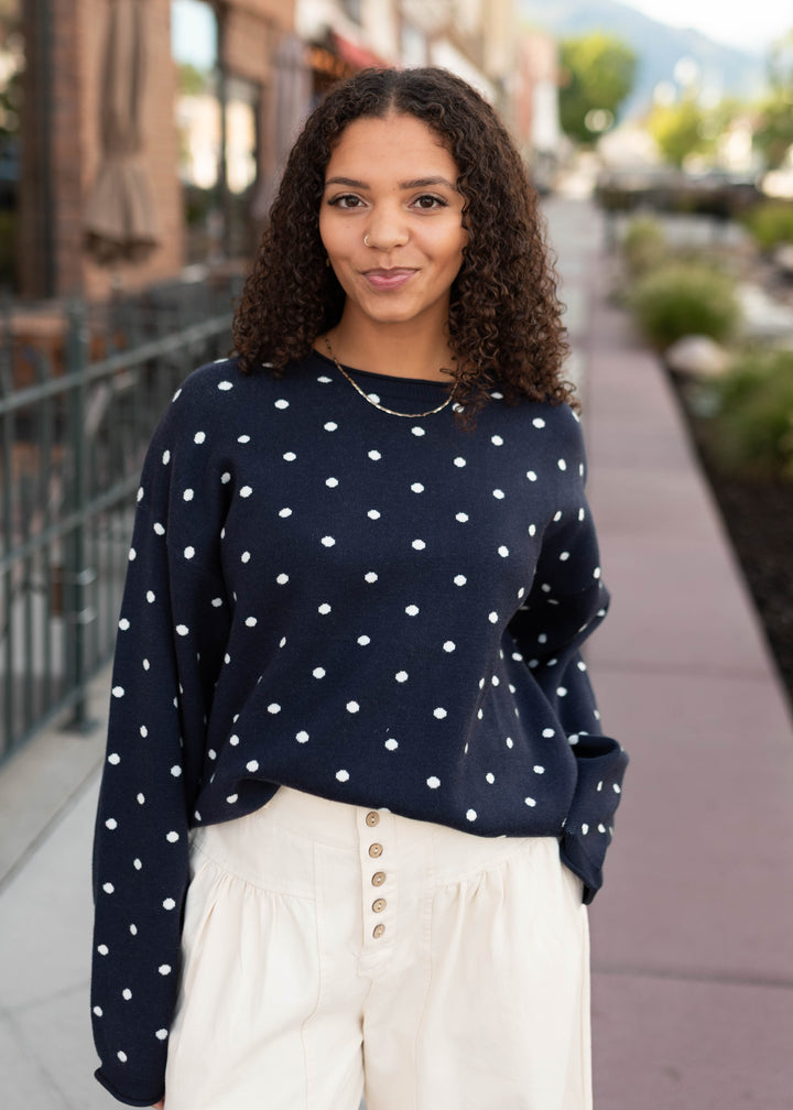 Penelope Navy & Ivory Polka Dot Pullover | Lena Layne