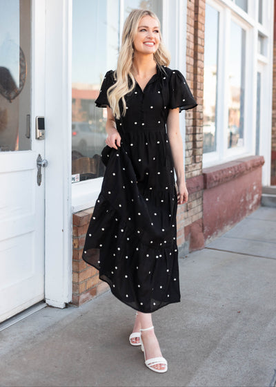 Modest white and black polka dot dress