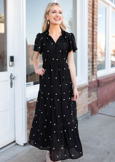 Short sleeve black polka dot dress