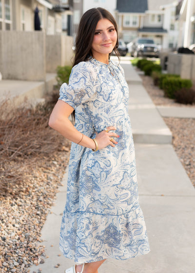 Side view of the blue paisley pattern dress