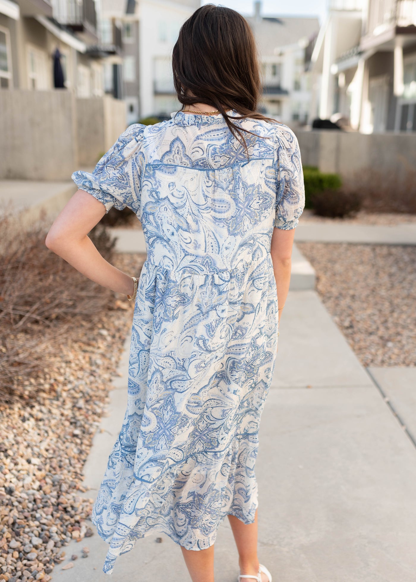 Back view of the blue paisley pattern dress