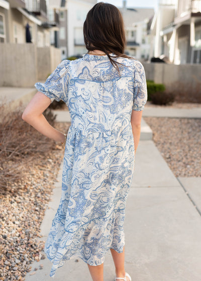 Back view of the blue paisley pattern dress