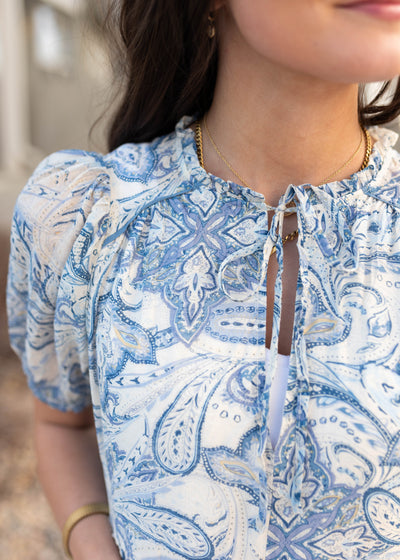 Close up of the fabric on the blue paisley pattern dress