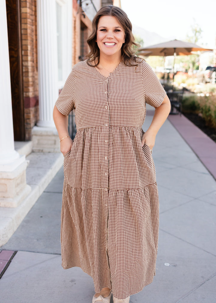 Phoebe Beige & Chestnut Gingham Button Up Maxi Dress