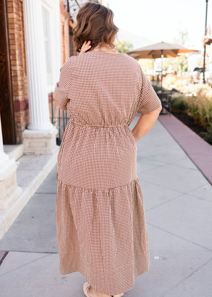 Phoebe Beige & Chestnut Gingham Button Up Maxi Dress | Lena Layne