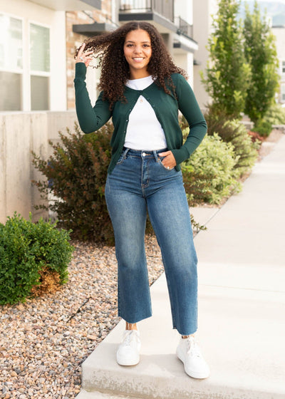 Fitted pine green cardigan at Lena Layne