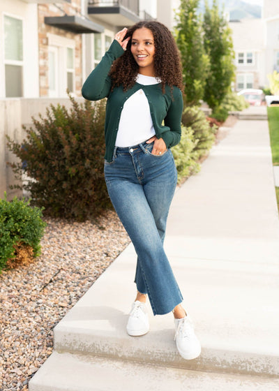 Long sleeve pin green cardigan at Lena Layne