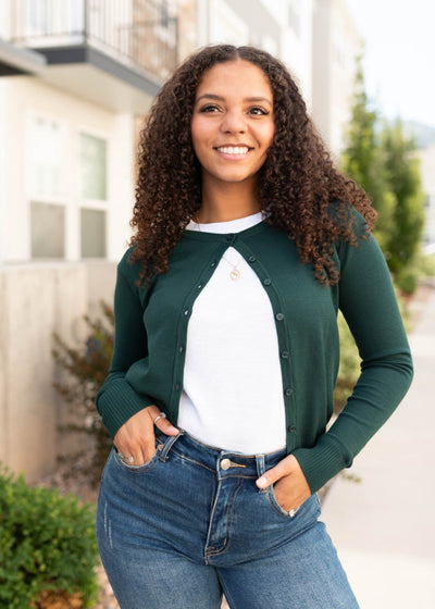 Button up pine green cardigan with long sleeves