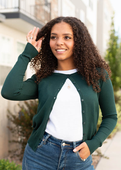Modest button up pine green cardigan