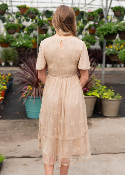 Back view of the beige smocked lace dress